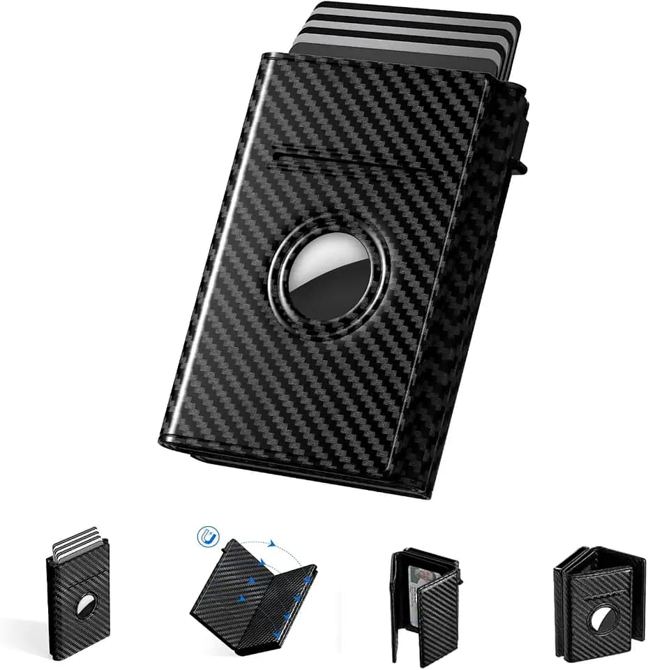 Airtag Wallet for Men, Air Tag Wallet with Airtag Holder, Mens Trifold Smart Wallet for Apple Airtag, Leather Slim Wallet for Men, Card Wallet Holder, Minimalist, Black Carbon Fiber