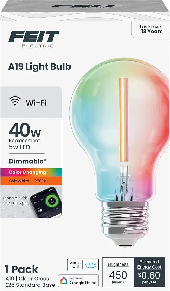 Feit Electric A19 LED Smart LED Light Bulb, 40W Eq, RGB Color Changing