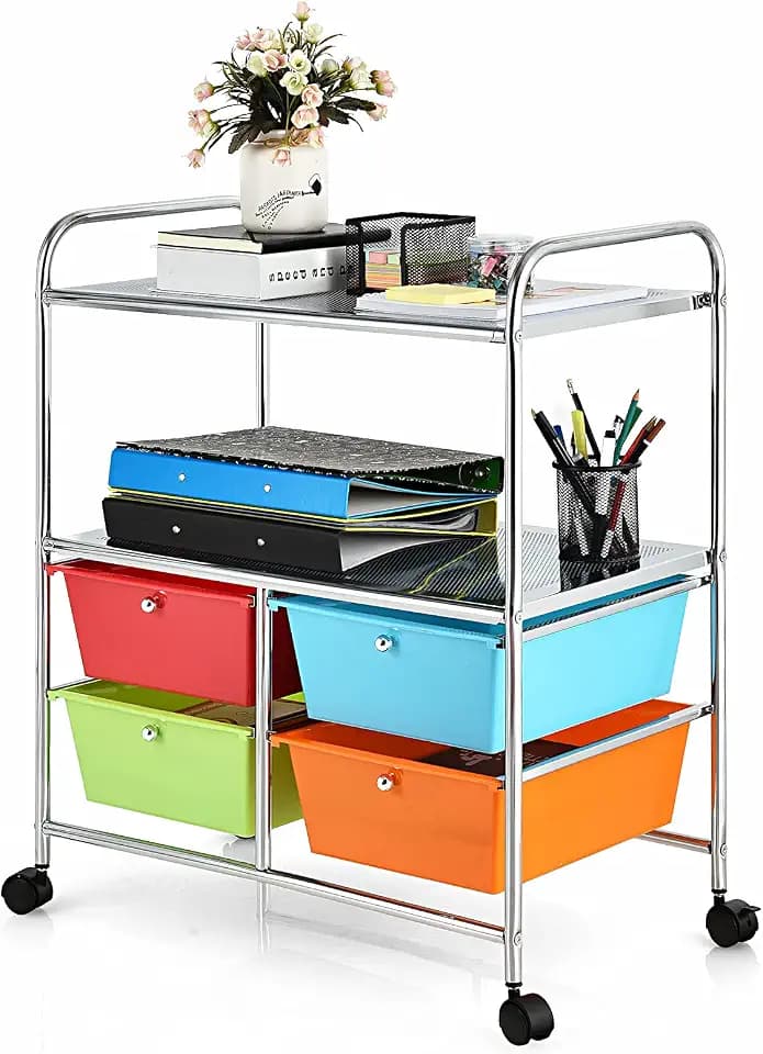 COSTWAY Rollwagen mit 4 stapelbaren Schubladen, Schubladenwagen Rollcontainer mit Metallgestell und Ablageflächen, Badrollwagen Aufbewahrungswagen für Büro, Wohnzimmer, Bunt