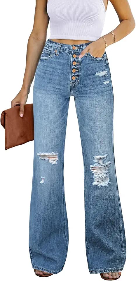 Roskiky Zerrissene Jeans für Damen, hohe Taille, dehnbare Jeans, Knopfschlitz, weites Bein, ausgestellte Hose für Damen, Baggy-Jeans