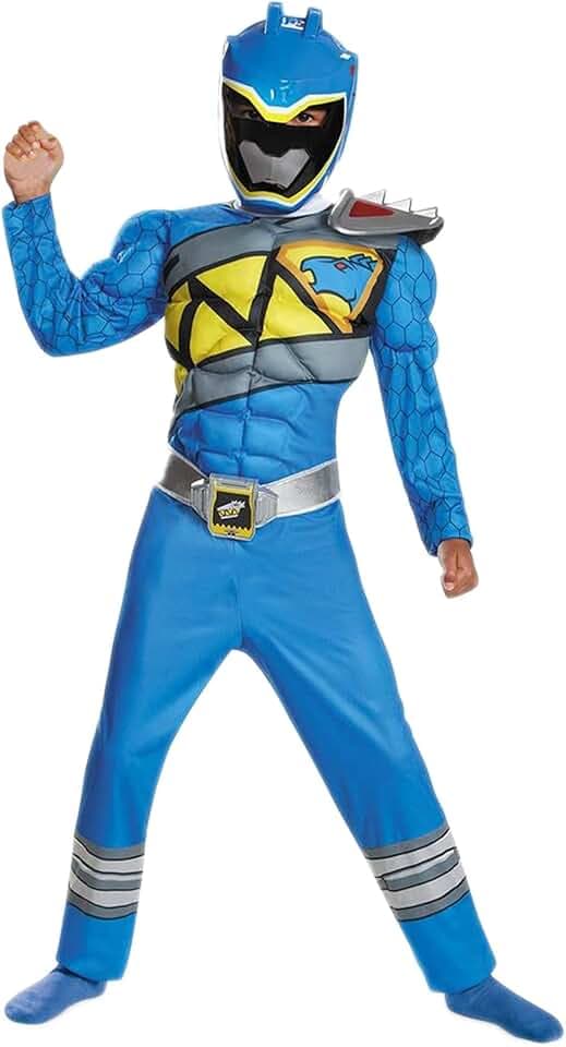 Disguise Blue Power Rangers Costume for Kids. Official Licensed Blue Ranger Dino Charge Classic Muscle Power Ranger Suit with Mask for Boys & Girls, Medium (7-8)