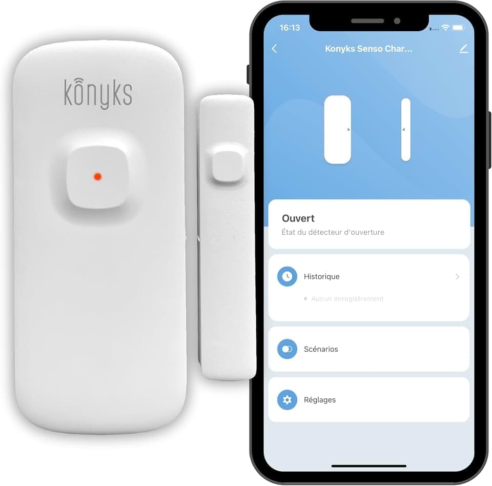 Konyks Senso Charge 2 Wi-FI Öffnungsmelder - Wiederaufladbare Batterie, Laufzeit bis zu 1 Jahr, Smartphone-Benachrichtigungen, Einfache Automatisierungen, Alexa & Google Home kompatibel