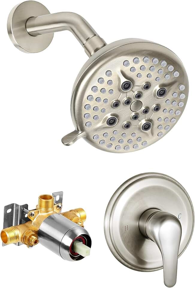 KINSE Shower Faucet Set with Valve, 5-Inch 5-Spray Shower Head, Pressure-Balancing Valve and Trim Kit, Single-Handle Shower System, Brushed Nickel, Shower Only, No Tub Spout