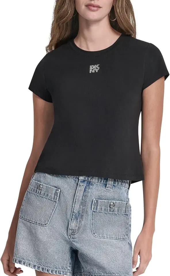 DKNY Women's Rhinestone Logo Baby Tee