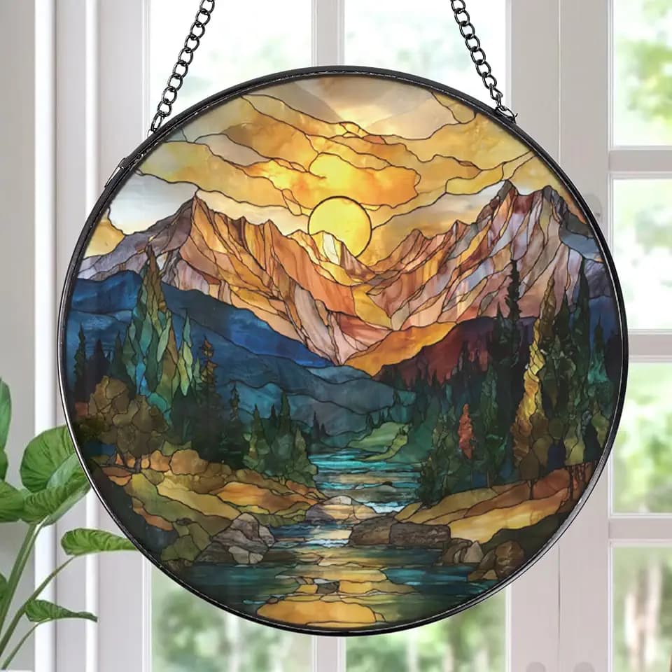 Rngmsi Mountain Scenery Stained Glass Sun Catcher 8 Inch Home Decor Gift