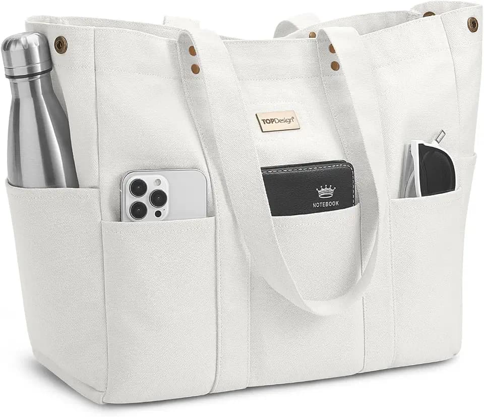 TOPDesign Heavy-Duty 16oz Canvas Tote Bag with 10 Pockets