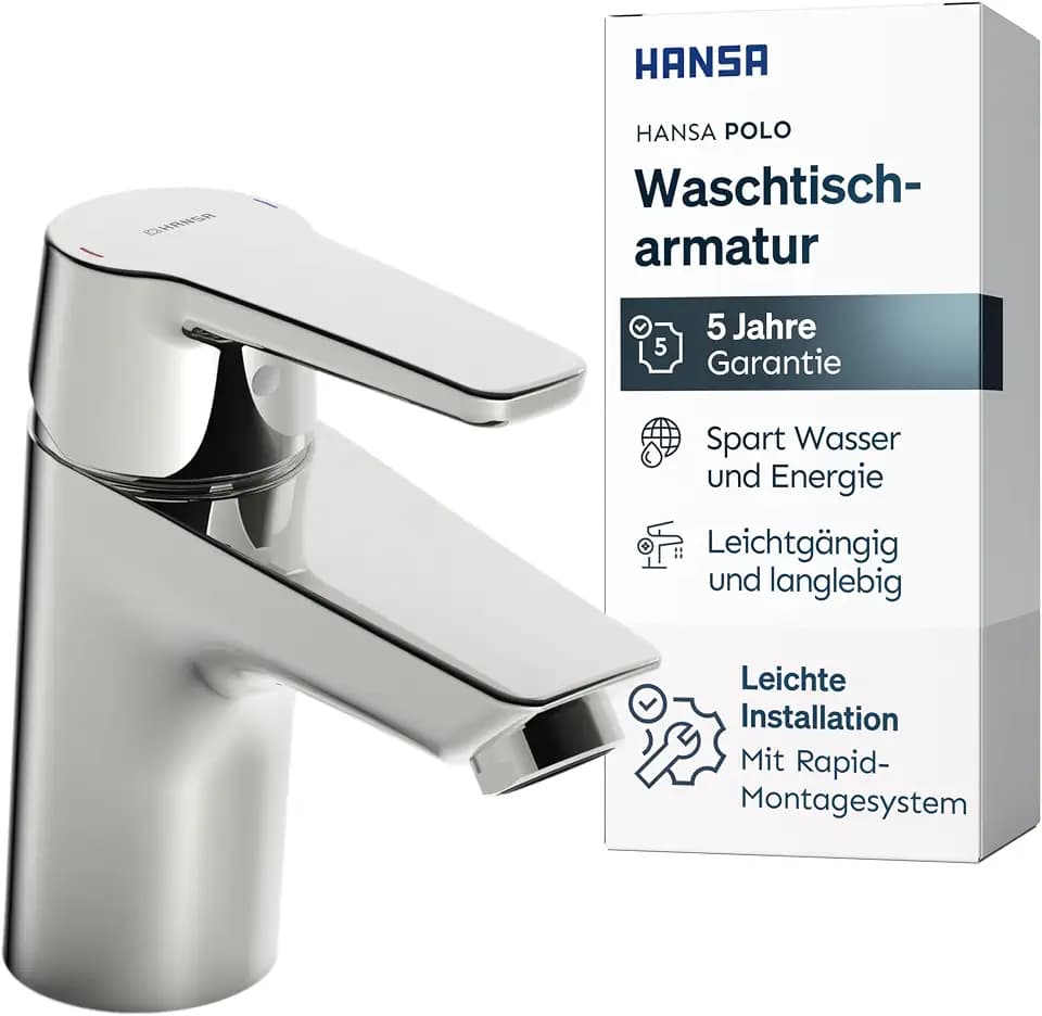 HANSA POLO Waschtischarmatur I Wasserhahn Badezimmer mit Temperatur & Wassermengenbegrenzer | Mischbatterie Bad aus Messing | Einhebelmischer Waschbecken | Chrom