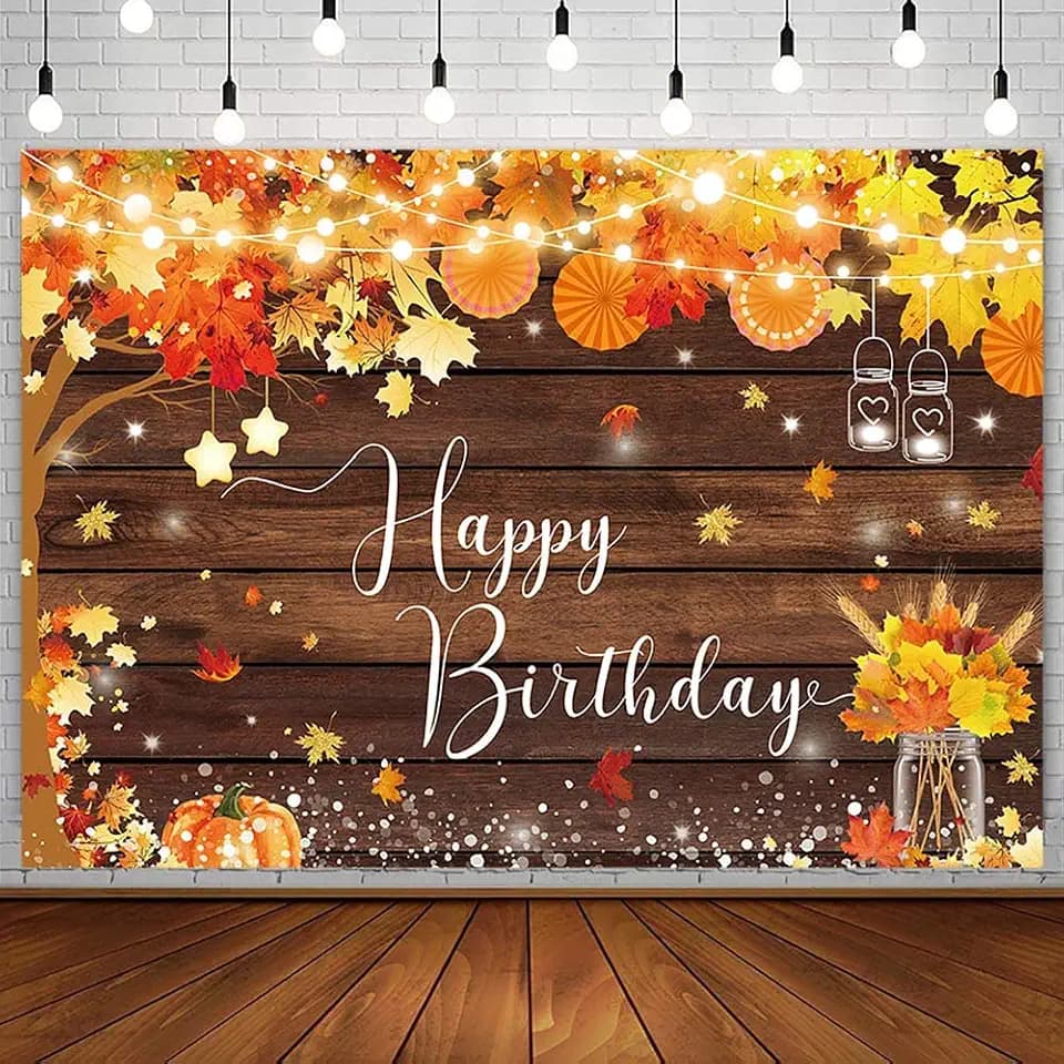 AIBIIN 7x5ft Happy Birthday Backdrop Autumn Fall Pumpkin Birthday Party Decorations Maple Leaf Rustic Wood Paper Fan Wishing Bottle Photography Background Bday Banner Photo Booth Props