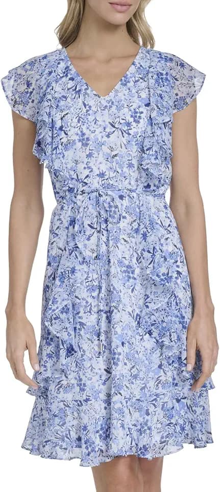 Tommy Hilfiger Women's Sleeveless V-Neck Ruffle Trim Tie Waist Chiffon Mini Dress