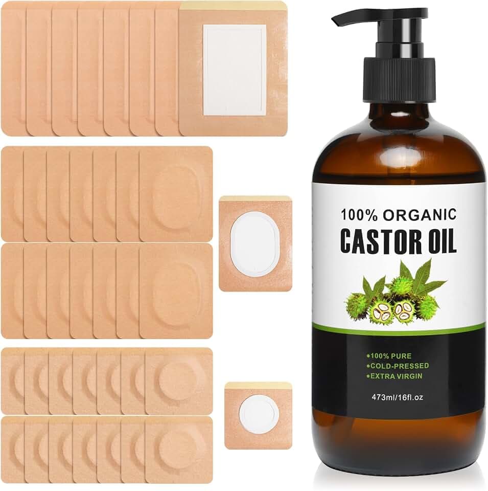 38 Pcs Castor Oil Patches Set(16oz/473ml), Castor Oil Organic Cold Pressed Glass Bottle, Self-Adhesive Cotton Castor Oil Pack Wrap for Belly Button Stomach Waist Neck Arm Leg Chest Knee