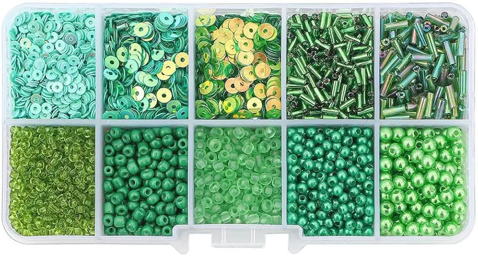 1 Box grüne Perlen und Pailletten, verschiedene Glas-Bastelperlen, lose Pailletten zum Basteln, Perlenstickerei, Schlüsselanhängerherstellung
