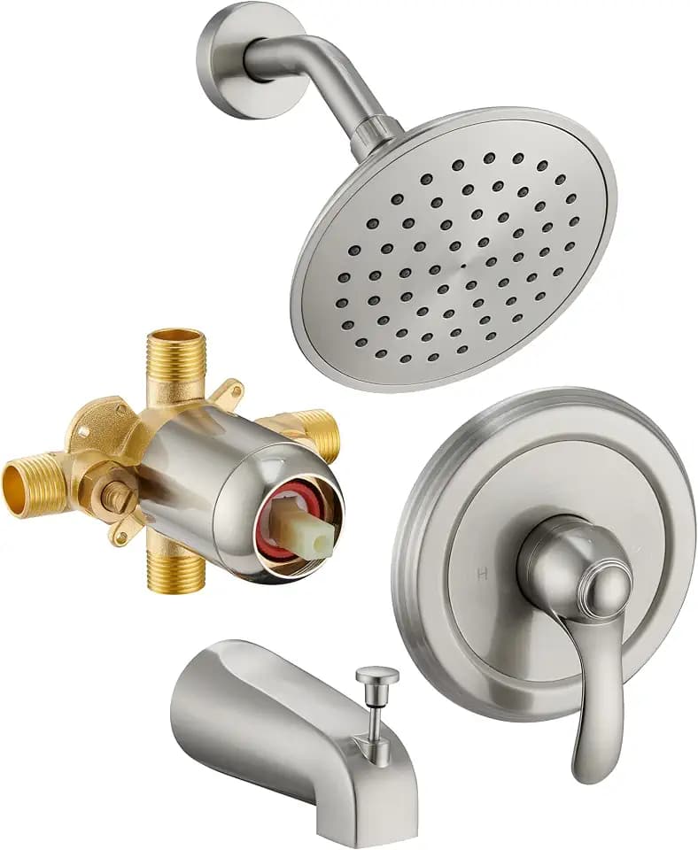Tub Shower Faucet Set with Valve, 6-Inch Shower Head and Handle Set Brushed Nickel, Single-Handle Tub and Shower Trim Kit with Touch-Clean Rain Shower Head and Tub Spout
