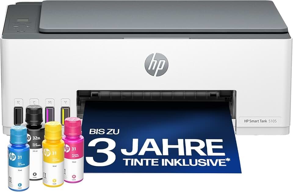 HP Smart Tank 5105 3-in-1 Multifunktionsdrucker (WLAN; Mobiles Drucken) – 3 Jahre Tinte inklusive, 3 Jahre Garantie, großer Tintentank, hohe Reichweite, Drucken in hoher Qualität