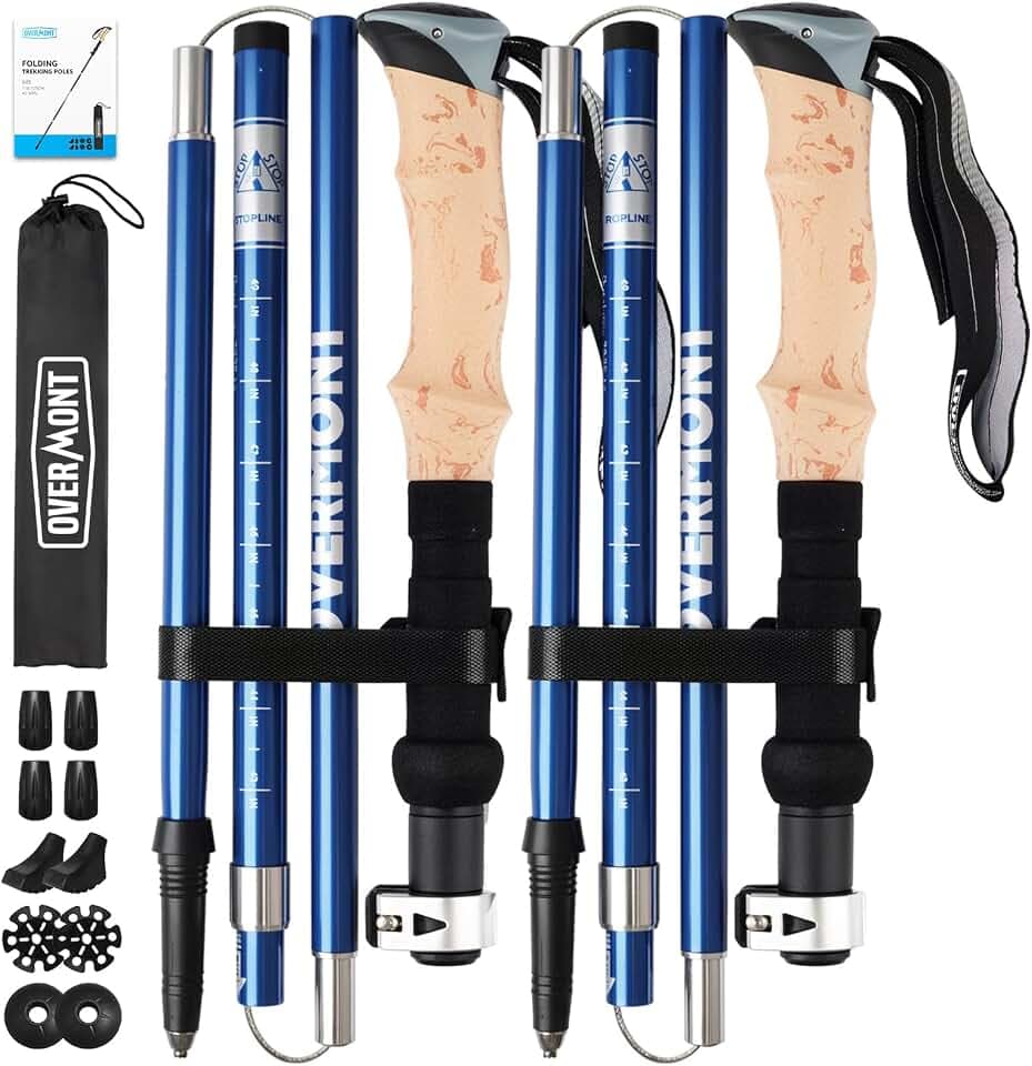 Overmont Wanderstöcke Faltbar Aluminium Ultraleicht - Verstellbar 105-125 cm Trekkingstöcke - Nordic Walking Stöcke 1 Paar mit All-Terrain Zubehör