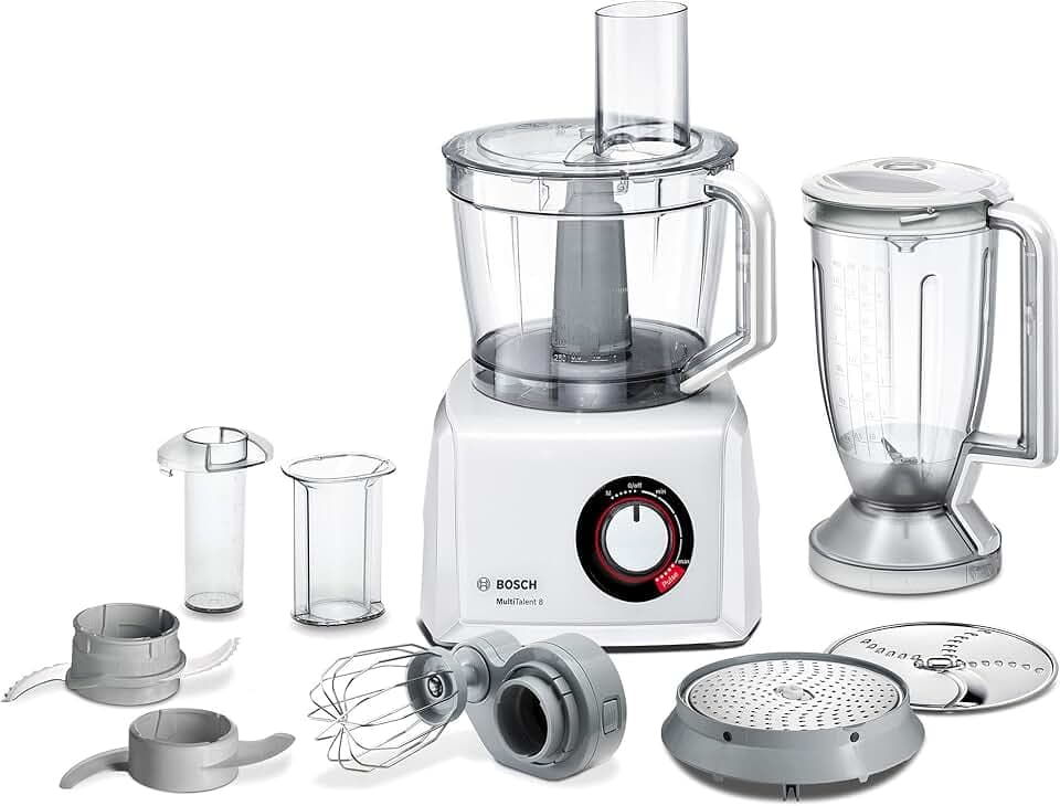 Bosch Kompakt-Küchenmaschine MultiTalent 8, XXL-Rührschüssel 3,9 L, Mixer 1,5 L, Universalmesser, Reibscheibe, Schneid-Raspel-Wendescheibe, Kartoffelpuffer-Scheibe, 1000 W, klein, weiß, MC812W501