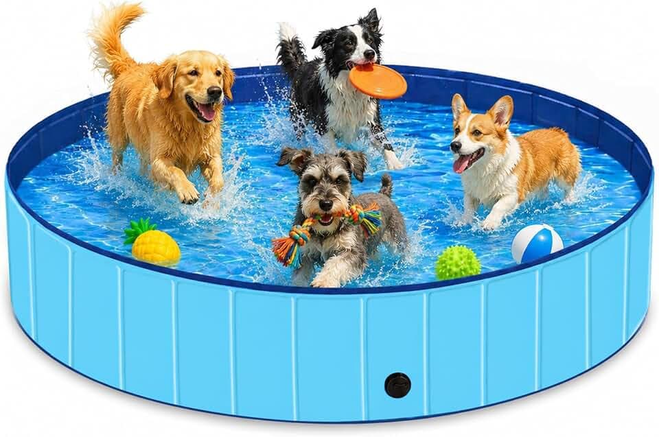 Hundepool für Mittel- und Großhunde, Planschbecken für Hunde 160 x 30 cm, Tragbarer Außen-Hundebadewanne mit Schnellablaufventil, Auslaufsicherer Planschpool für Garten & Terrasse (L - Ø160cm)