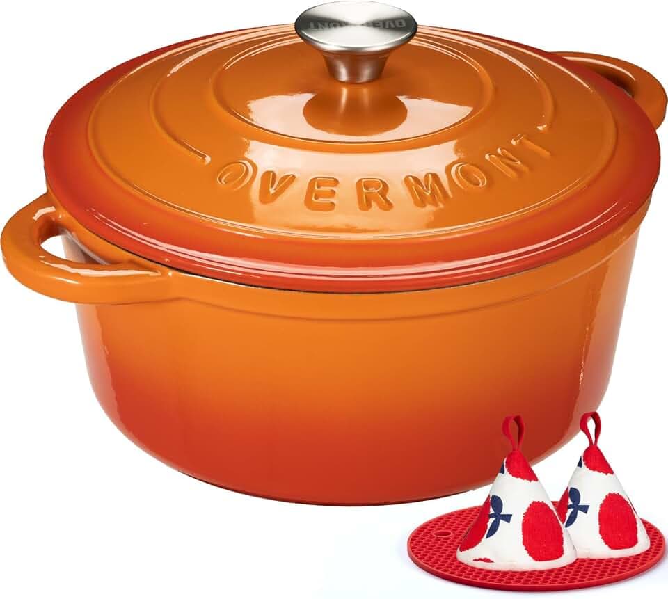 Overmont Bräter emaille Gusseisen Topf - Schmortopf 28cm backofengeeignet - mit Deckel und Kochbuch - für Küche Backen Schmoren Braten Orange