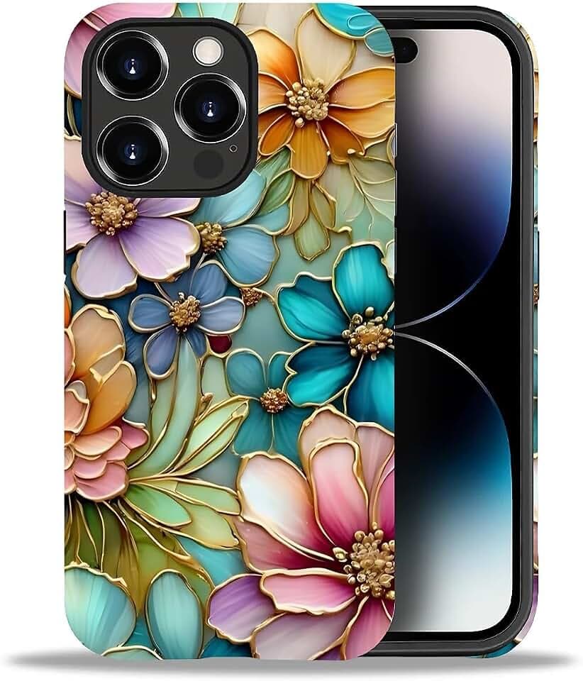 2 in 1 Cute Hülle für iPhone 15 Promax 6.7 Zoll, Stoßfest FallSchutz Handyhülle Blumen mit Goldrand Sturzschutz Case