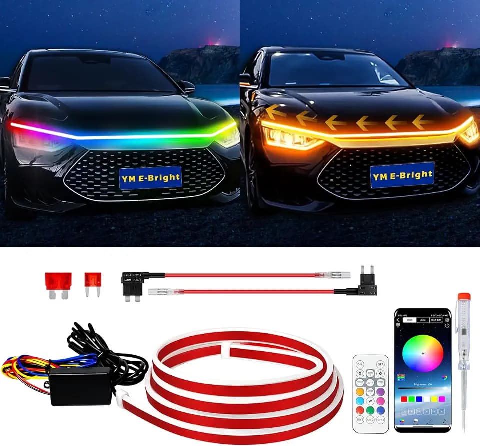 YM E-Bright LED Hood Light Strip, 70in RGB App Control Dynamic Scan DRL 12V