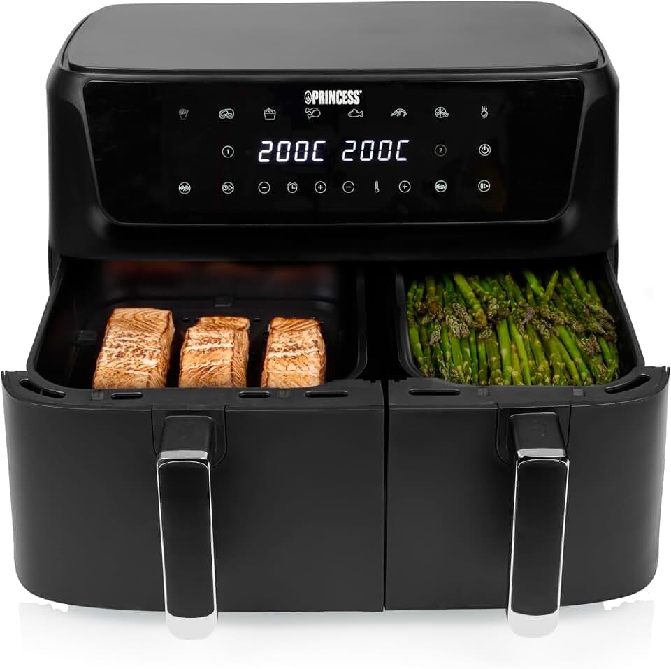 Princess Doppelkorb Heißluftfritteuse mit Digitaldisplay, 11 L Gesamtvolumen, 2 Körbe (6,5 L & 4,5 L), 2700 W, 8 Automatikprogramme, 80–200 °C, Antihaftbeschichtung, 182470