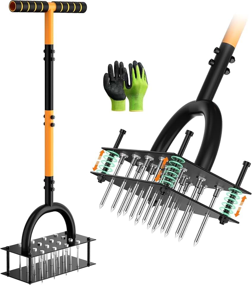 Grenebo Lawn Aerator Tool with 16 Spikes, Manual Yard Aerator, Black Orange