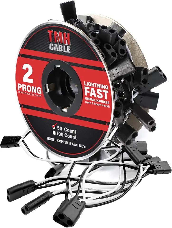 TMH 50 Count 2-Prong Wire Harness Roll Double Female Bullet Plug 18 Gauge - 6.5" Spacing for LED Marker Clearance Lights Hassle-Free Installation