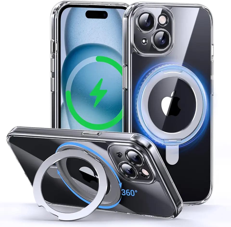 Magnetic Stand Case for iPhone 15 - Compatible with MagSafe, 360° Rotatable Ring Kickstand Holder, Slim Translucent Shockproof Matte Silicone Case Cover, 6.1", Clear