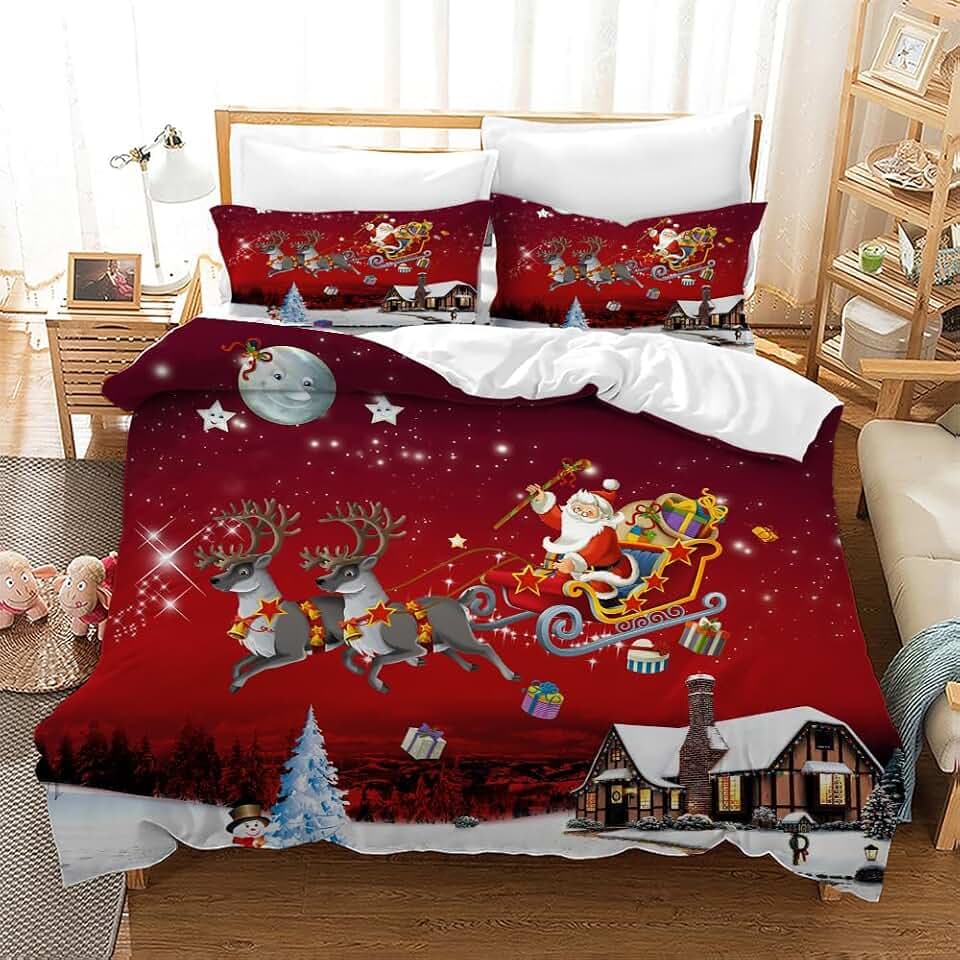 Weihnachten Bettwäsche Set,3 teilig Bettwäsche Set Garnitur Weihnachtsmann Muster,Bettbezug und Kissenbezug mit Reißverschluss (E, 200x200CM)