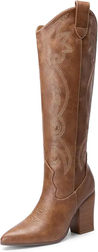 DREAM PAIRS Cowboy Boots For Women, Comfortable Pull On Zipper Chunky Heel Pointed Toe Embroidered Western Cowgirl Knee High Boots