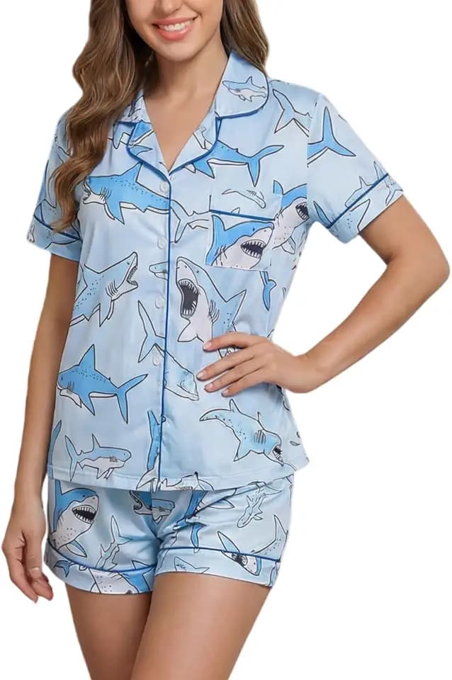 Casual Women's Pajamas with Printed Short Sleeved Button Down Top and Shorts Pjs Loungewear Set