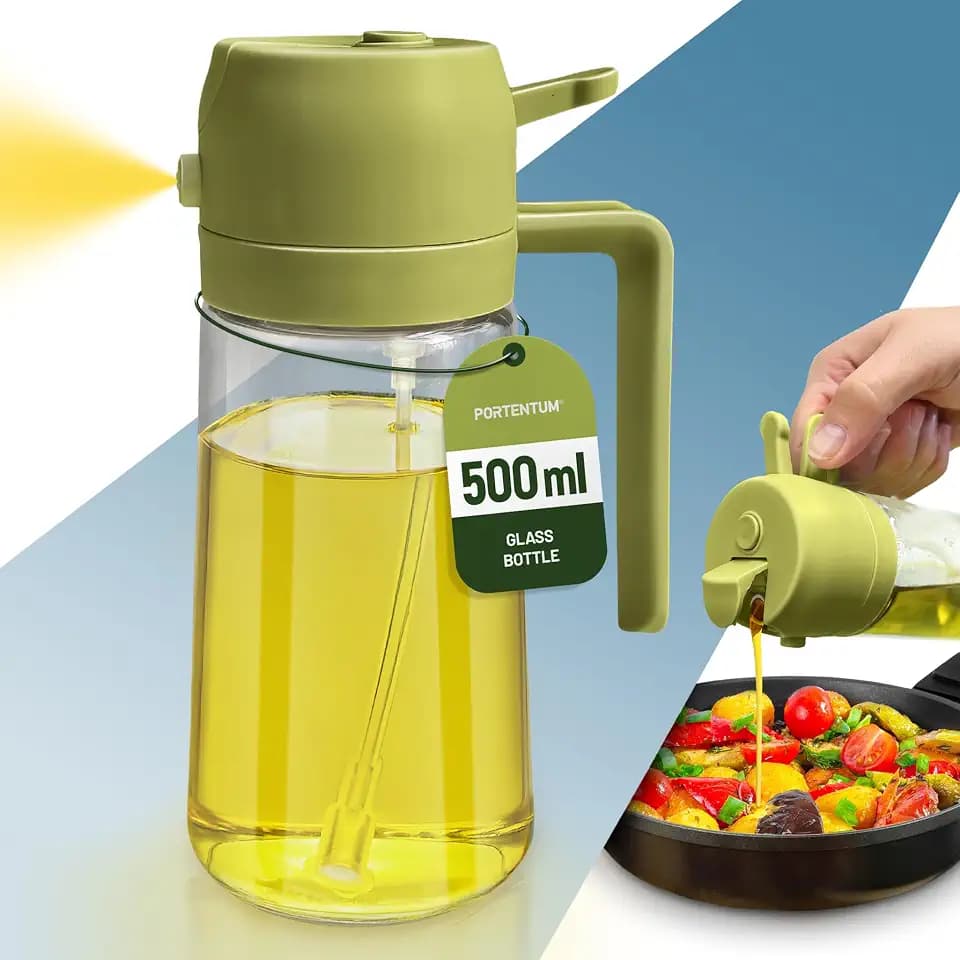 PORTENTUM Ölsprüher für speiseöl 2 in 1-500ml Öl Sprühflasche lebensmittelecht, Ölspray zum Kochen, Hochwertiger Öl Zerstäuber, Ölsprüher für Heißluftfritteuse (Grün)