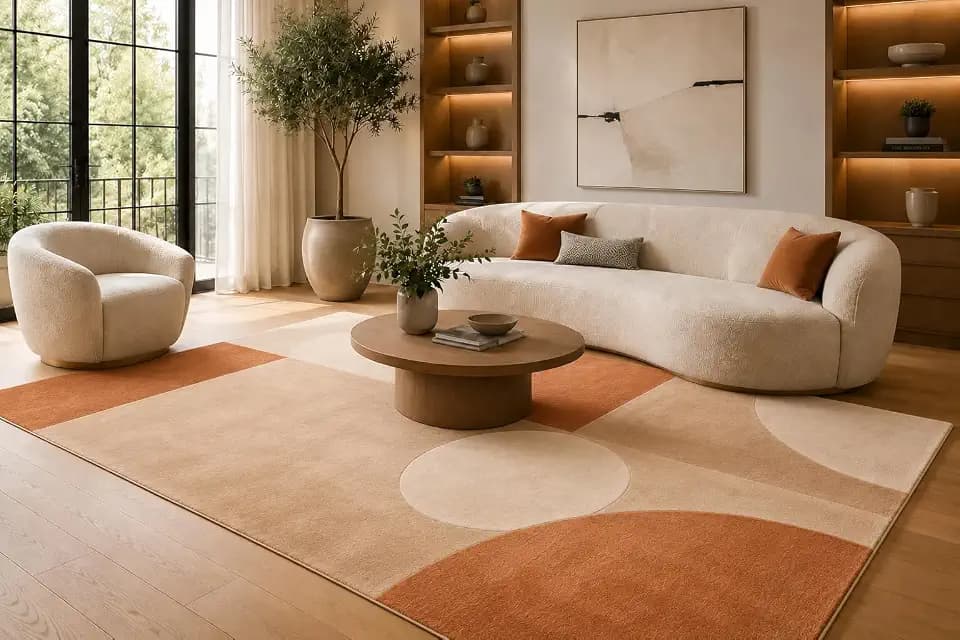 ICE ARMOR 6'7" x 9'10" Orange and Cream Geometric Circle Blocks Area Rug for Living Room, Soft Low Pile Carpet with Non-Slip Silicone Backing, Floor Decor for Bedroom, Dining Area and Home Office