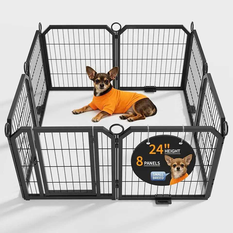 Small Dog Playpen Indoor 24 Inch 8 Panels Pet Pen with Door & Stakes Portable Exercise Puppy Playpens Metal Dogs Fence Outdoor for Yard RV Camping Training Trips Foldable Expandable