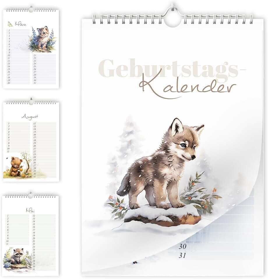Geburtstagskalender undatiert Geburtstagsplaner Wandkalender A5 immerwährend Jahresunabhängig Kalender Geburtstagsübersicht zum Aufhängen Tier Design in zartem Aquarell Waldtieren Tiere