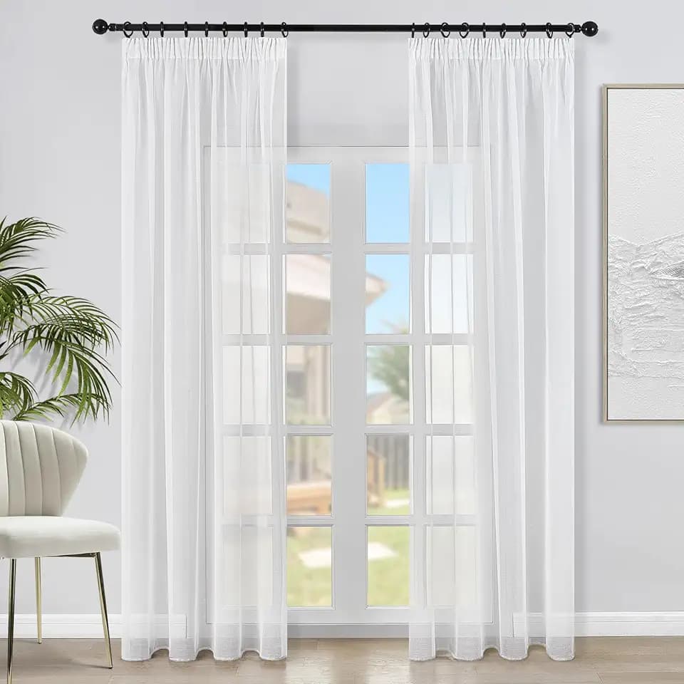Topfinel Voile Vorhänge Leinenstruktur mit Kräuselband Lichtdurchlässig Einfarbig für Fenster Wohnzimmer Schlafzimmer Moderne und Elegante Gardine 2er Set je 240x140cm (HxB) Weiß