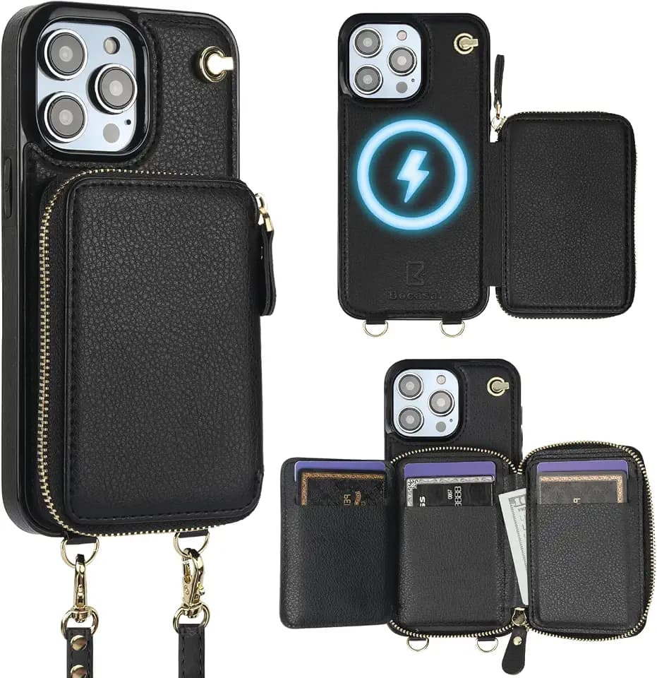 Bocasal for MagSafe Crossbody Wallet Case for iPhone 14 Pro Max, Black