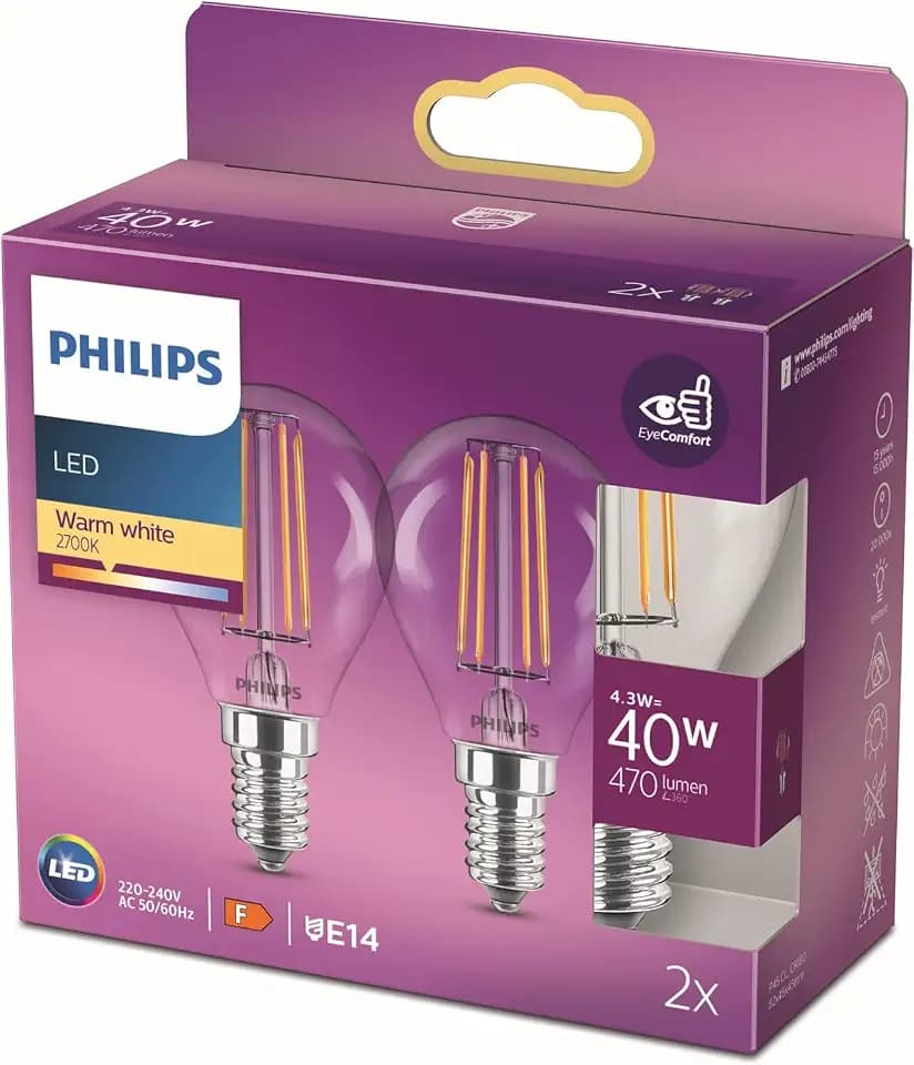 PHILIPS LED Classic E14 Lampe, 40 W, Tropfenform, klar, warmweiß, Doppelpack
