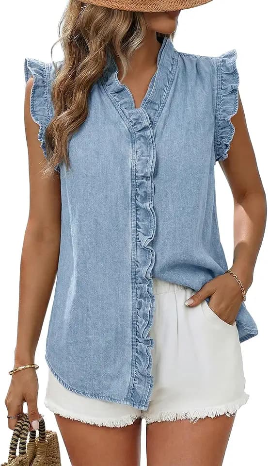 Dokotoo Denim Vest Women Sleeveless Tops Button Up Peplum V Neck Jean Vest