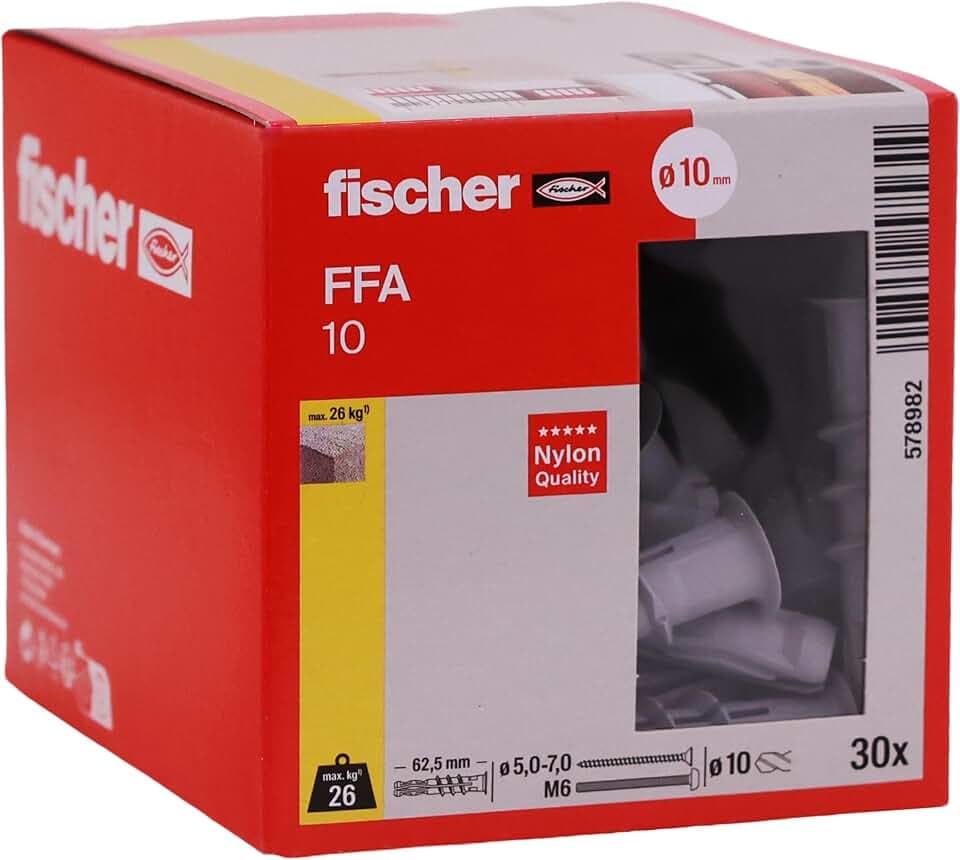 fischer Porenbetondübel FFA 10, Spezialdübel für die Befestigung in Porenbeton, hohe Tragfähigkeit, flexible Schraubenauswahl, einfache Montage ohne Setzwerkzeug, 30 Stück