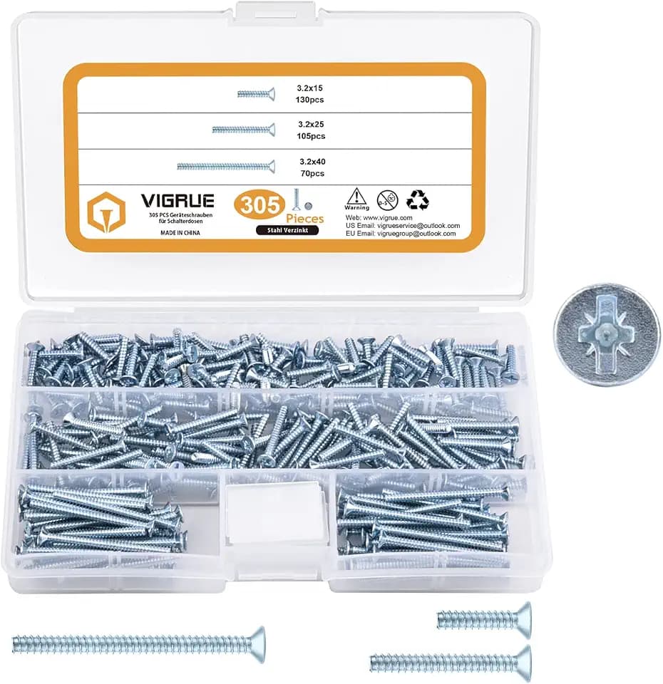 VIGRUE 305 Stück Geräteschrauben für Schalterdosen, Dosenschrauben 3,2x15mm, 3,2x25mm, 3,2x40mm, Steckdosen Schrauben aus Stahl Verzinkt mit PZ1/Schlitz