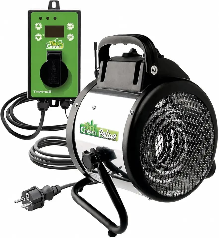 BioGreen Elektro-Gewächshausheizung Palma mit digitalem Thermostat | IPX4 spritzwassergeschützt | 163 m³/h Luftumwälzung | 2000 Watt