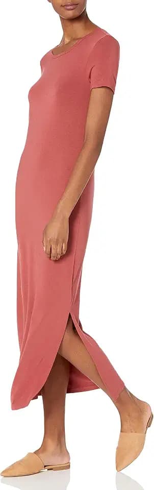 Amazon Essentials Women's Jersey Standard-Fit Short-Sleeve Crewneck Side Slit Maxi Dress