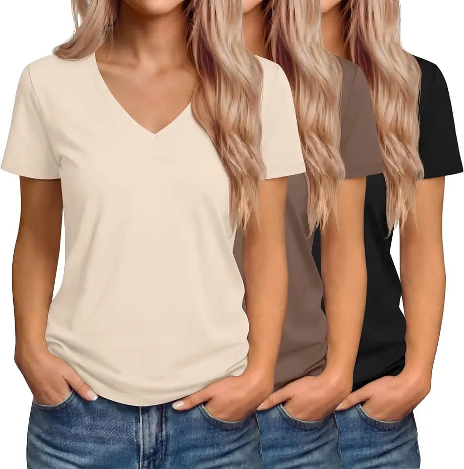 Riyiper 3 Pcs Womens V Neck Loose Fit T-Shirts Short Sleeve Tops