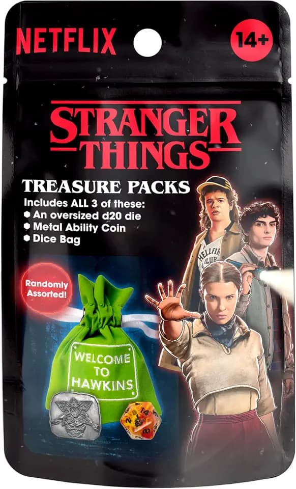 Stranger Things: Treasure Pack - 3 Blind Collectibles: d20 Die, Metal Ability Coin, Embroidered Dice Bag - Randomly Assorted, RPG Game Accessories