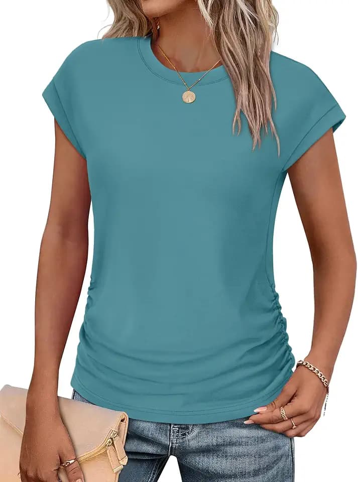 Sampeel Womens Summer Tops Trendy 2026 Ruched Cap Short Sleeve Tshirts Shirts Crew Neck T Shirts Fashion