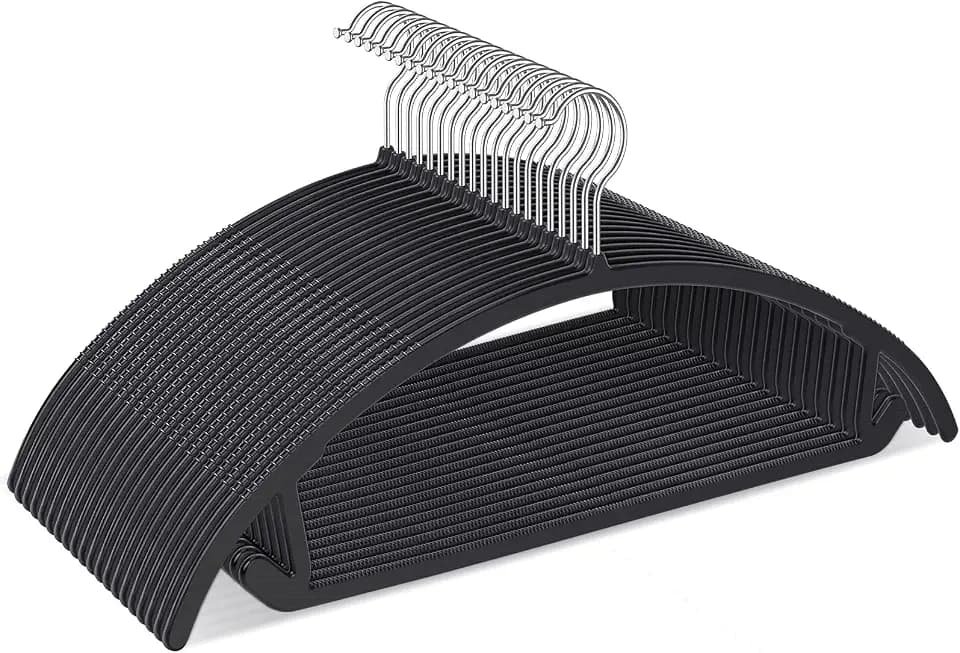 Ergonomic Curved Plastic Hangers 50 Pack No-Bump Black, Heavy Duty