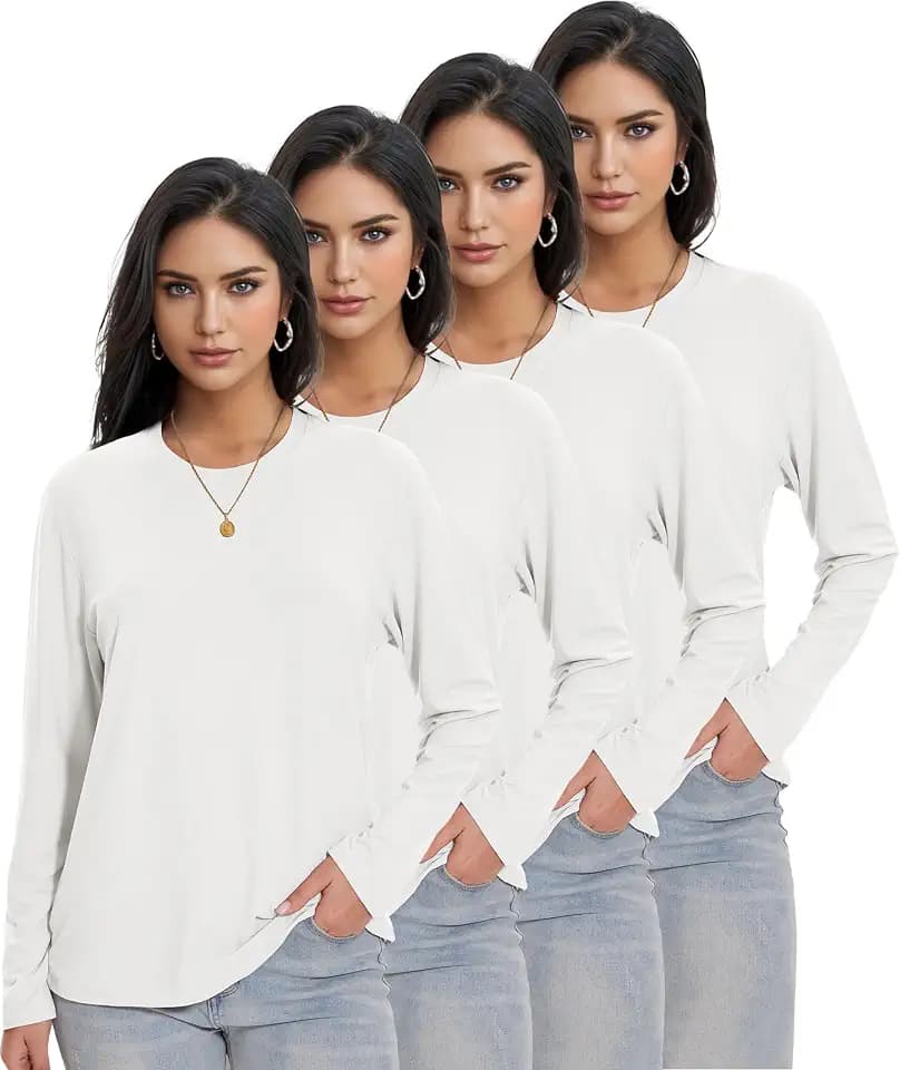 Kinglaman 1/4 Pack Womens Long Sleeve Shirts Crew Neck Loose Fit Basic Tops