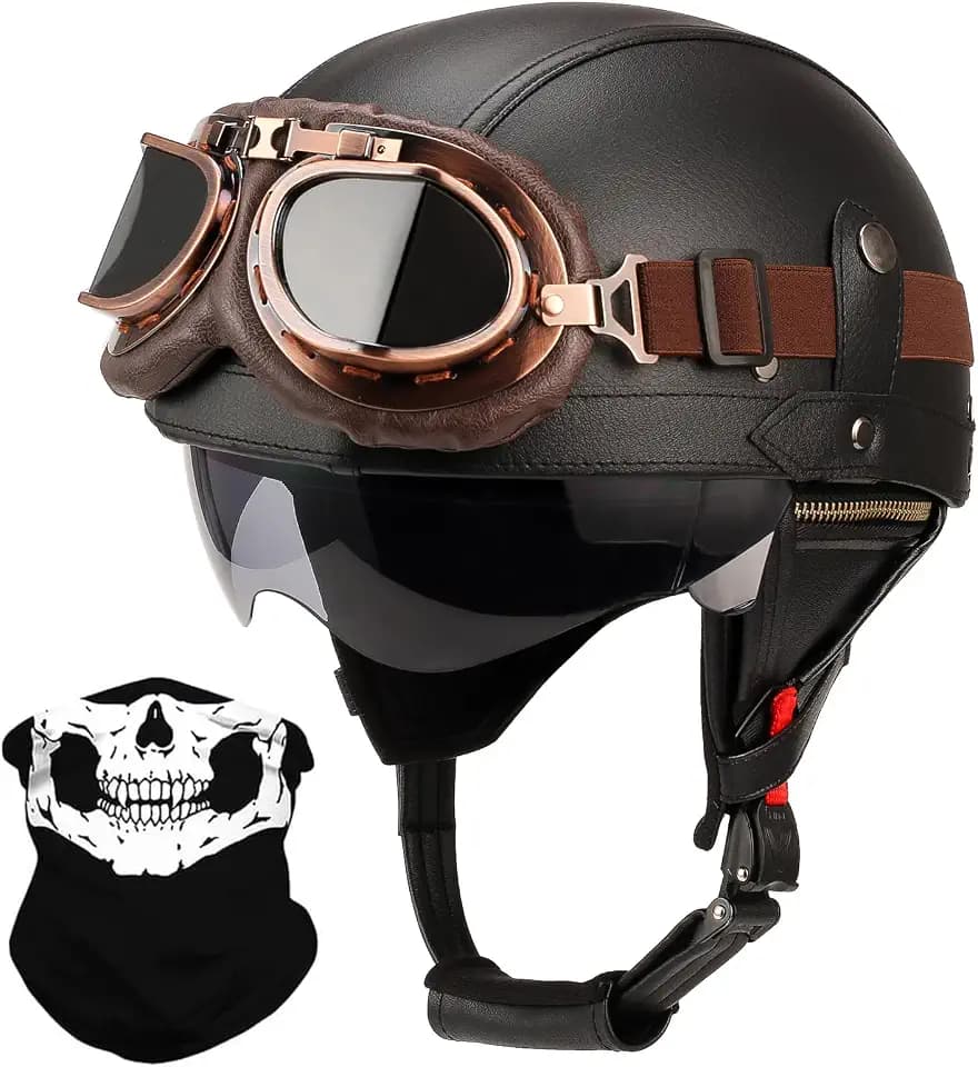 German Style Leather Motorcycle Half Helmet for Adults Men Women, DOT Approved Vintage Cap Half Face Shell Motorcycle Helmets for Cruiser Chopper+Goggles