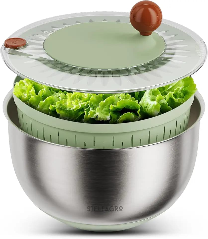 Large Stainless Steel Salad Spinner 5.3QT, Lettuce Dryer, Vegetable Washer with Brake Button, Non-Slip Base, Salad Dryer for Greens, Fruits & Vegetables