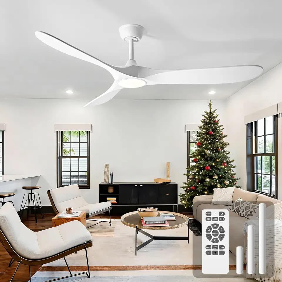 52 Inch Ceiling Fans with Lights and Remote, Wood Outdoor Ceiling Fan with 6 Speed Noiseless DC Motor, Indoor Modern 3 Blade Propeller Ceiling Fan for Bedroom Living Room Gazebo Patio (White)